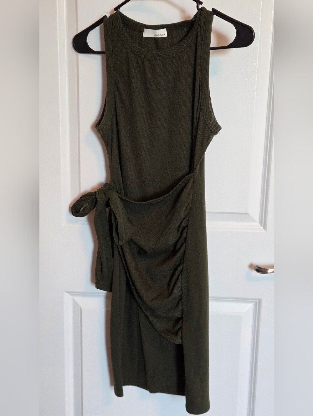 Heatherly Olive Green Ribbed Tank Dress Wrap Side Tie - Size M